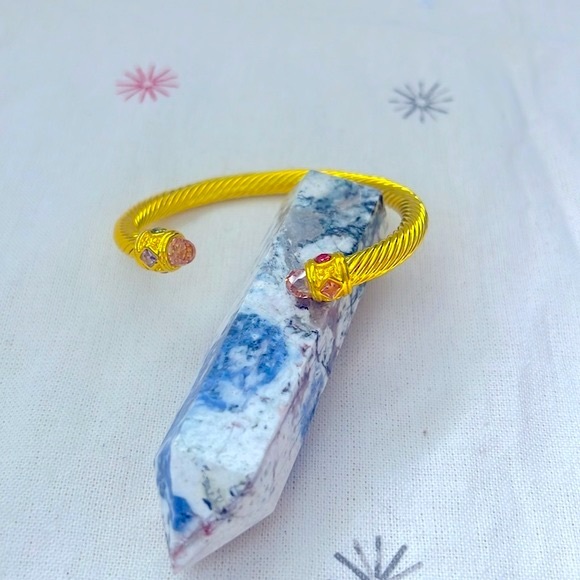 Yellow Twisted Cable Bangle Cuff Bracelet with Crystal Ends - Picture 3 of 7